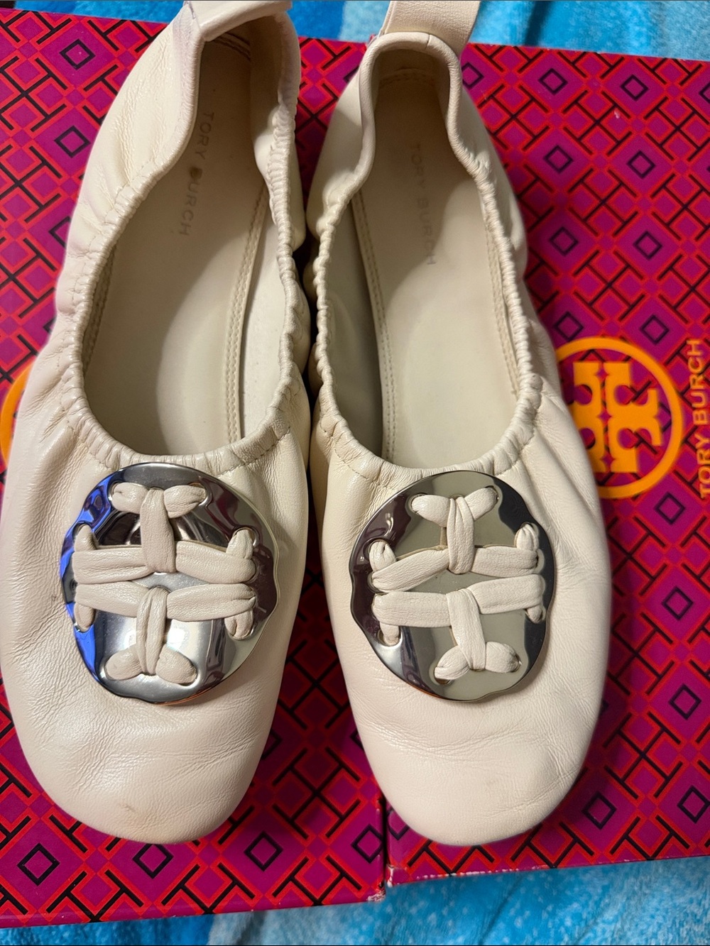 Tory Burch Woven Double T Ballet Sheep Plume- Nappa